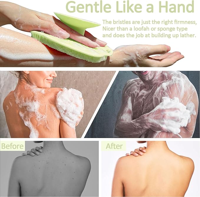 Soft Silicone Body Scrubber, Gentle Like a Hand Exfoliating Your Skin and Build Up Lather Easily, Back Large Suction Cup Easy to Store, Long-Lasting & Deep Clean (Green