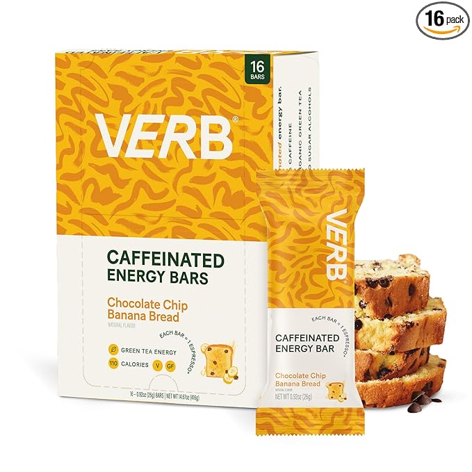 Verb Caffeinated Energy Bars Chocolate Chip Banana Bread (26g, Pack of 16) 110-Calorie Delicious Energy Bar, Gluten Free On-the Go Snack with 80mg Green Tea Caffeine, Only Real-Food Ingredients