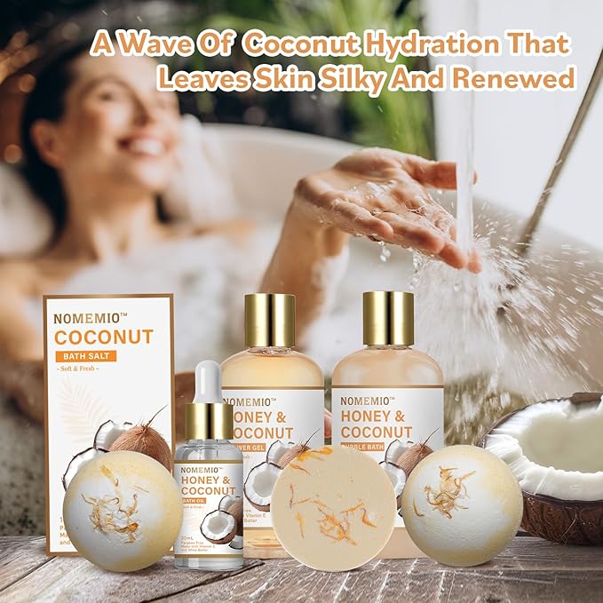 Spa Gift Basket for Women, 11pcs Honey & Coconut Luxury Bath Gift Set, Spa Kit with Shower Gel, Bubble Bath, Bath Bombs , Christmas Gifts for Her, Women, Mom Birthday