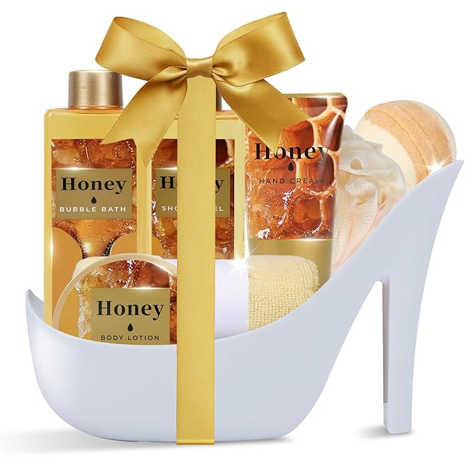 Gifts for Women, Honey Spa Gift Basket for Women, Bath Set with Golden Bath Bombs & Skin-Repairing Butter, Anniversary Gifts for Her, Wife, Girlfriend