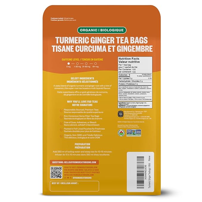 FGO Organic Turmeric Ginger Tea, Eco-Conscious Tea Bags, 100 Count, Packaging May Vary (Pack of 1)