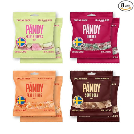 Pandy Swedish Candy Sugar Free Candy - Swedish Candy Mix 4 Flavors - Diet Candy Keto Gummy Low Calories Snacks - Healthy Foam Sweets Pack of 8 x 1.8oz