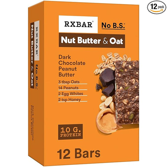 RXBAR Nut Butter and Oat Protein Bars, Protein Snacks, Snack Bars, Dark Chocolate Peanut Butter, 23.2oz Box (12 Count)
