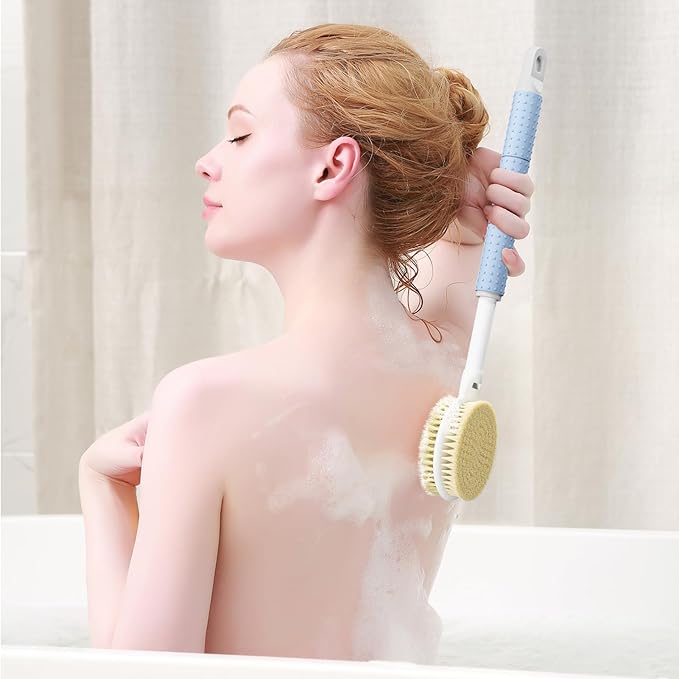 Shower Brush with Soft and Stiff Bristles,16"-24" Long Adjustable Telescopic Massage Handle,Dual-Sided Back Scrubber Bath Brush Body Exfoliator for Wet or Dry Brushing