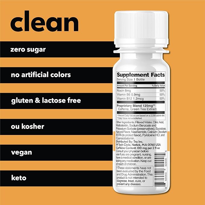 Tru Energy Shot, Extra Strength Energy Drink with Natural Caffeine, Green Tea, B Vitamins B3, B6 & Vitamin B12, Zero Sugar & Calories, Keto, Vegan, Gluten Free, Orange Mango, 2 FL OZ Bottles, 12 Pack