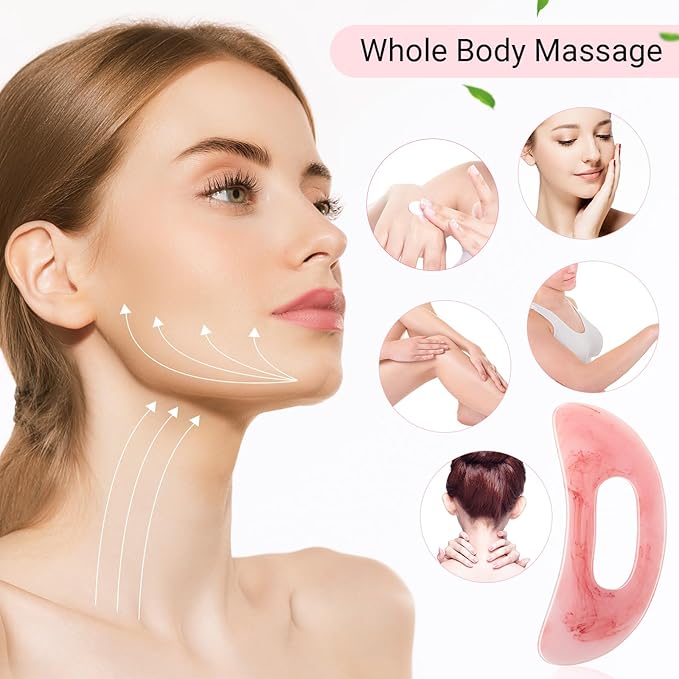 Treela 5 Pcs Gua Sha Facial Tools Set and 1 Pcs Body Gua Sha Massage Tool with Handle for Face Back Neck Leg Body Scraping Massage Board Guasha Comb(Jade, Resin,Pink)