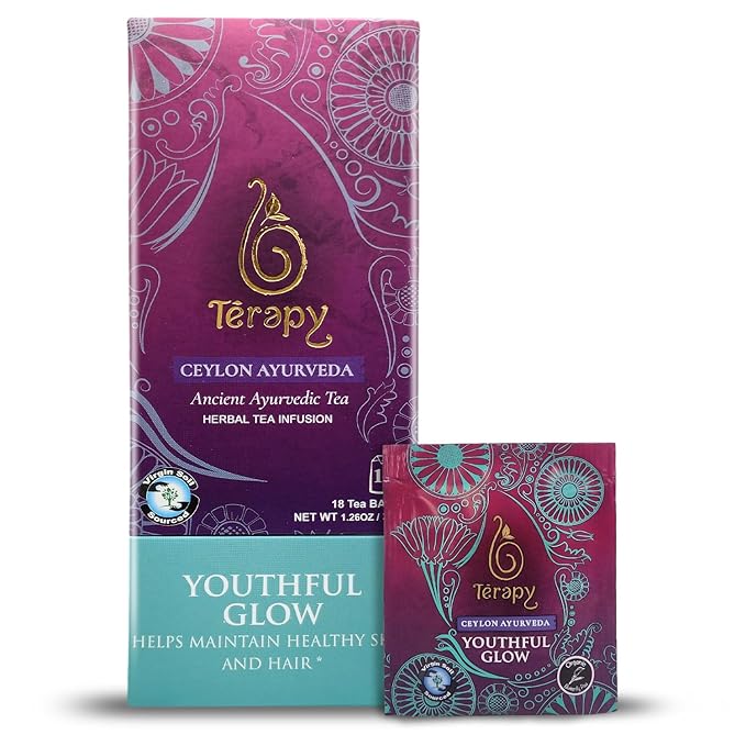 Tรฉrapy Ceylon Youthful Glow Herbal Tea Bags | Helps Maintain Healthy Skin and Hair | 100% Natural Blue Butterfly Peas, Licorice Root, Green Tea & More | Individually Wrapped Organic Tea Bags |18 Count