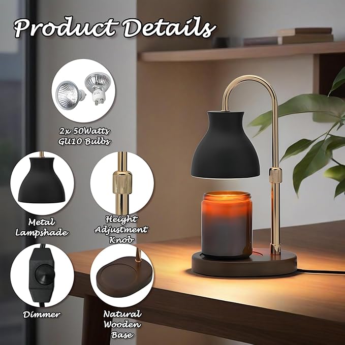 SOKCVSEA Candle Warmer Lamp - Candle Lamp Warmer Diamond Height Adjustable, Birthday Gifts for Mom Women, House Warming Gifts New Home Decor, Wax Melt Warmer with 2 Bulbs Black Gold