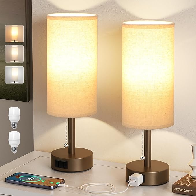 Fenmzee Brown Bedside Table Lamps Set of 2-3 Color Temperatures Pull Chain Lamp with AC Outlet Charging Port, Small Round Night Stand Lamps for Bedroom, Bed Side Light with E26 LED Bulbs