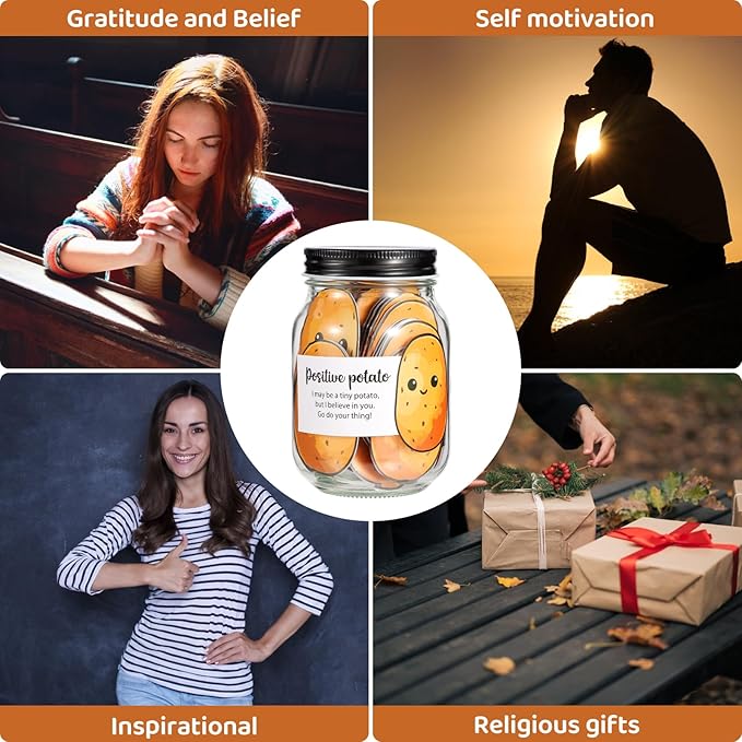 60 PCS Positive Potato Cards Jar, Emotional Support Jar, Potato Affirmation Cards, Inspirational Gifts for Women, Cheer Up Gifts, Unique Positive Gift for Women, Teen Girl