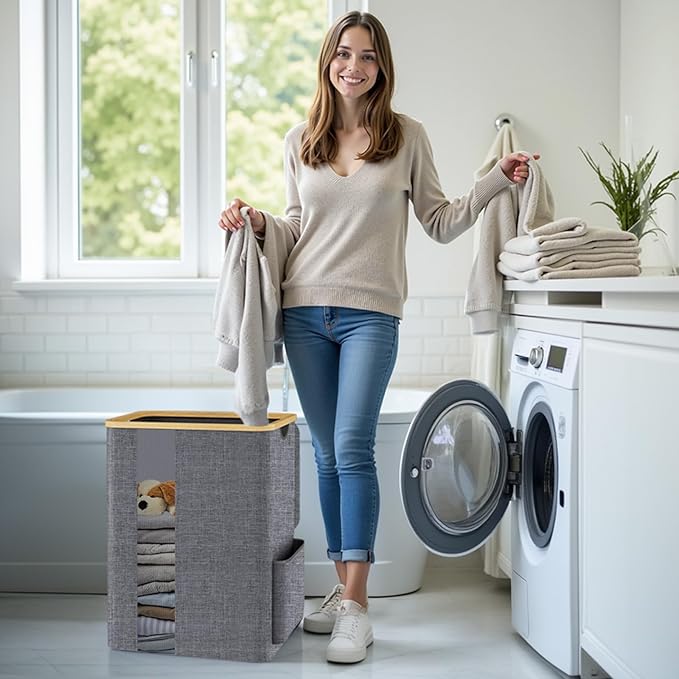 Laundry Basket Clothes Hamper with Lid and Pocket Large Collapsible Laundry Baskets with Handle, Freestanding Hampers for Bedroom Aesthetic, Dorm, Bathroom, Laundry Room (80L,Light Grey)