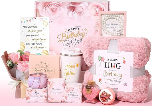 Birthday Gifts for Women, Unique Birthday Gift Basket for Women, Thoughtful and Relaxing Birthday Gifts for Mom, Wife, Sister, Best Friend, Her Self Care Box, Luxury Gift Set (Pink)