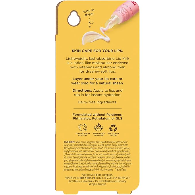 Burt’s Bees Stocking Stuffers, Lip Milk, Daily Lip Moisturizer, Sweet Strawberry, Vitamin Enriched Moisturizing Lip Balm with Almond Milk and Jojoba Oil, Hydrating for Softer Lips, 1 Tube, 0.34 Fl Oz