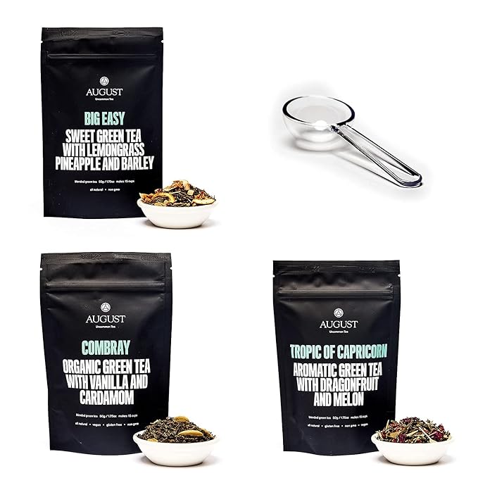 August Uncommon Sampler – Variety Tea Set of 3 Loose Leaf Green Tea Blends – Includes Scoop – Tropical, Dessert & Sweet Flavors in Resealable Pouches (5.4oz)