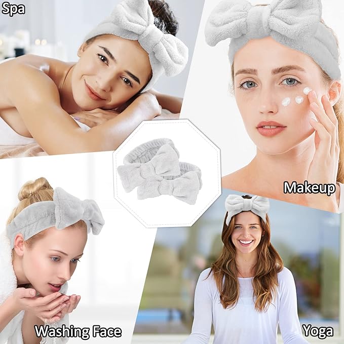 Casoty 6 Pcs Grey Spa Headband, Bow Hair Band, Soft Coral Fleece Makeup Headband, Hair Band for Washing Face, Skincare Headbands for Face Washing Shower Skin Care Yoga