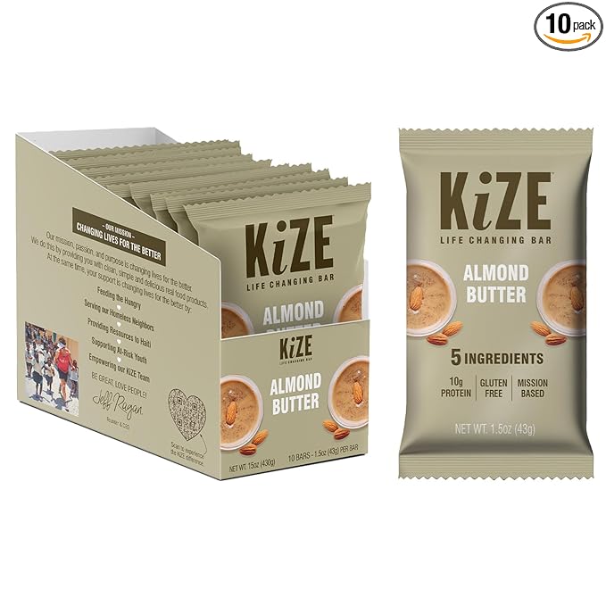 KiZE Energy Bars - Almond Butter - Almond-Butter-Based, Gluten Free, Non-GMO, and High Protein Meal Replacement Energy Bars, Clean and Simple Food Ingredients - 10g High Protein Snacks, (10 Count)