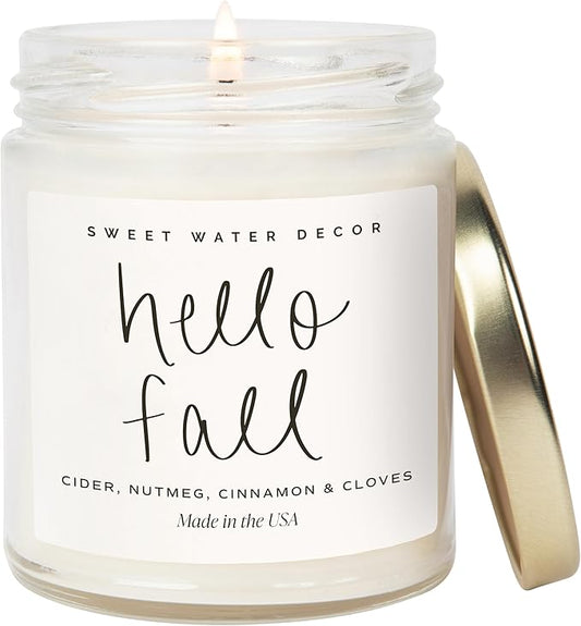Sweet Water Decor Hello Fall Candle - Cinnamon Apples & Clove Autumn Fall Scented Candle for Home Decor - 100% Cotton Wick Soy Wax Candles with 40 Hour Burn Time - Made in The USA - 9oz Clear Jar