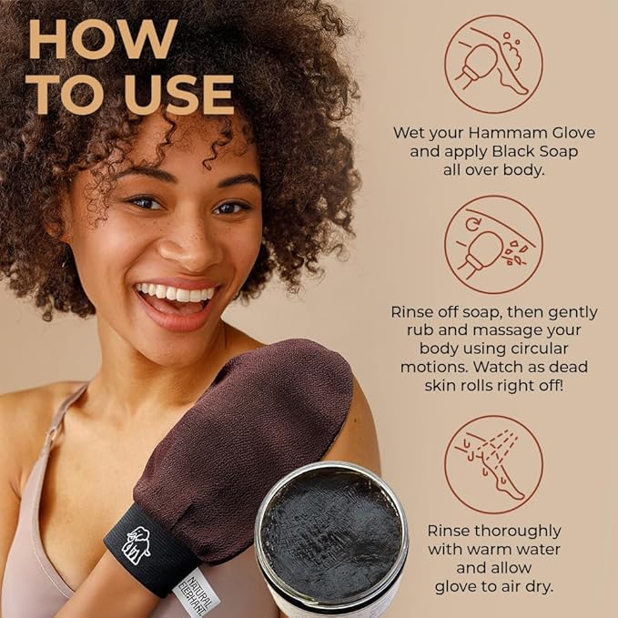 Natural Elephant Exfoliating Hammam Glove | Authentic Moroccan Kessa Body Scrub Mitt for Spa-Quality Skin Renewal | Pure Black 2 Pack