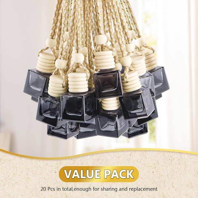 20 Pack Black Hanging Car Air Freshener Bottle Empty Car Essential Oil Diffuser Bottles Pendant Black Glass Perfume Bottles Aromatherapy Fragrance Bottle Auto Ornaments Decor (square)