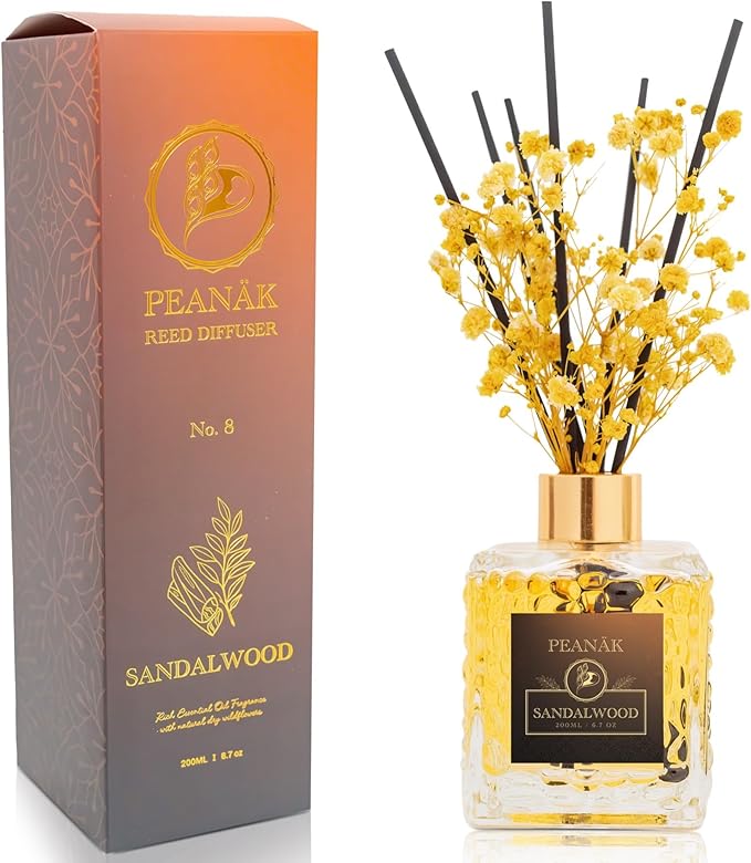 Reed Diffuser Set - Sandalwood Orange Oil, Oil Diffuser Sticks, Bathroom Diffuser, Bathroom Decor, 200ml with Preserved Flowers - PEANÄK