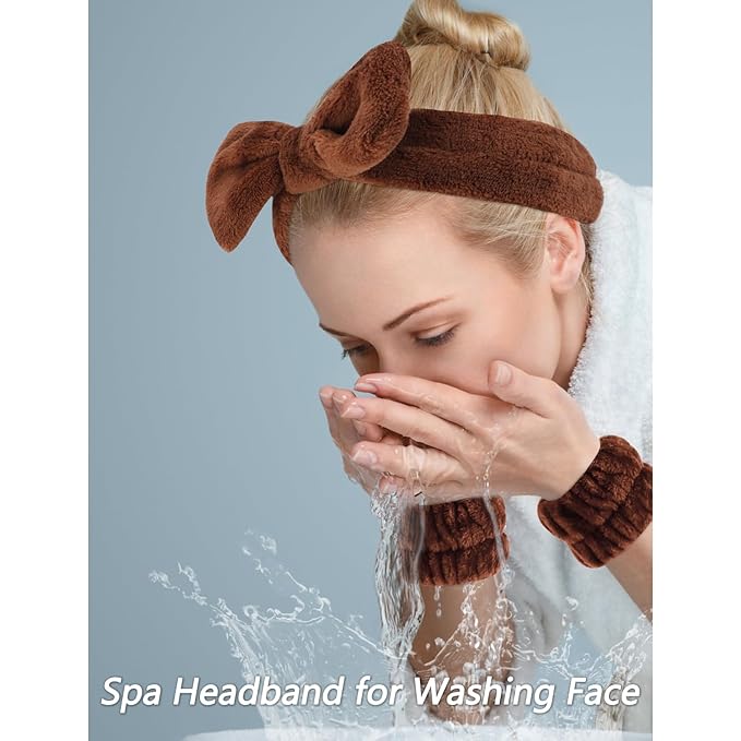 VELSCRUN Spa Headbands for Wash Face, Makeup Headband, Facial Skincare Headbands, 5 Pcs Dark Brown Puffy Sponge Spa Headband Bow Tie Hair Band Hair Clips Wristband Set Women Girls Accessories