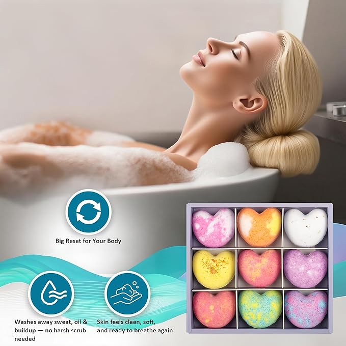 Heart-Shaped Bath Bomb Set – 9 Colorful Fizzies with Essential Oils, Spa & Stress Relief Gifts for Her & Him, Ideal for Birthday, Mother’s Day, Valentine’s Day & More