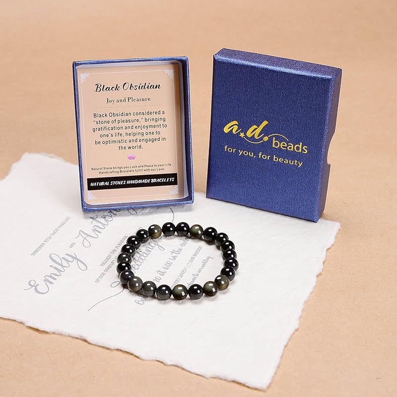 AD Beads Handmade Gemstone Stretch Elastic Bracelet Crystal Healing Reiki Nature's Beauty and Spiritual Essence Unisex (4mm, Black Obsidian (Pleasure))
