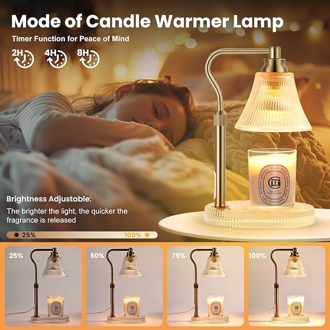 Lamp Candle Warmer for Jar Candles,Flower Candle Warmers Lamp with Timer Dimmer,Glass Base Adjustable Height Gold Electric Candle Lamps for Scented Wax Jar Candles,Glass Lampshade