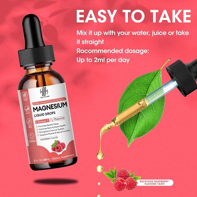 Calm Magnesium Liquid Drop with Magnesium Glycinate, Citrate, Oxide & Taurate for Bone, Heart, Muscle, Immune, Energy, Sleep & Digestion, High Absorption, Sugar-Free, Raspberry Flavor,2 Fl Oz