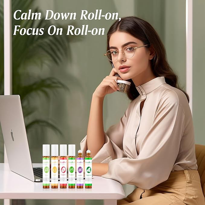 Essential Oil Roll On Set with Lavender, Peppermint, Eucalyptus & Grapefruit, Tea Tree & Vanila - Aromatherapy Relaxation Gift for Women - 6 Pack of 10ml Roll-Ons