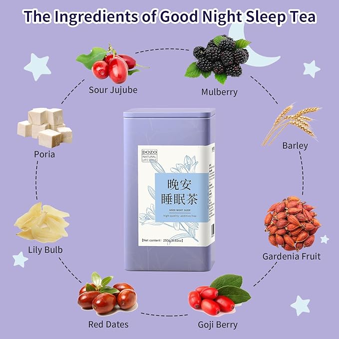 DOZO Good Night Sleep Tea sleepytime tea Poria Cocos Sour Jujube Kernel Tea 8.8oz/250g(30bags) Jujube Goji Berry Gardenia Combined Herbal Tea Soothe the nerves and help sleep wellness 酸枣仁茯苓百合 安神助眠 晚安睡眠茶