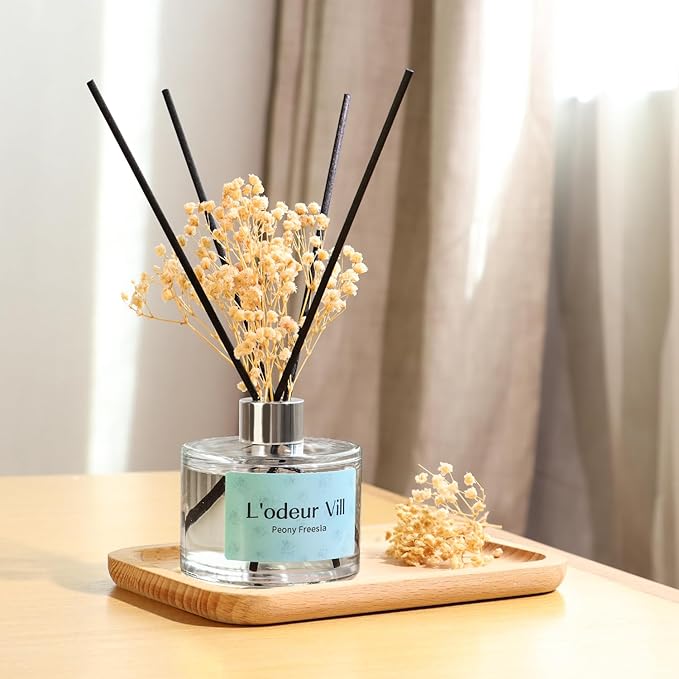L'odeur Vill Reed Diffuser Set, 6.7 oz(200ml) Jasmine Freesia Scented Diffuser with 6 Oil Diffuser Sticks, Home Fragrance Essential Oil Reed Diffuser for Home Large Rooms Bathroom Shelf Decor