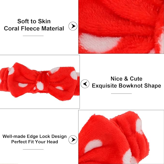 10 Pcs Red Dot Makeup Headbands, Spa Gifts for Women Girls, Soft Coral Fleece Skincare Headband, Bow Hair Bands, Beauty Headbands for Face Washing Shower Skin Care Yoga