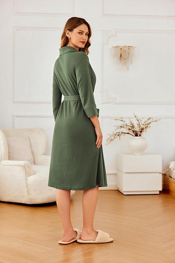 Ekouaer Robes for Women Long Waffle Knit Bathrobe Lightweight Kimono Robe Soft Shawl Collar Spa Robes with Pockets S-XXL