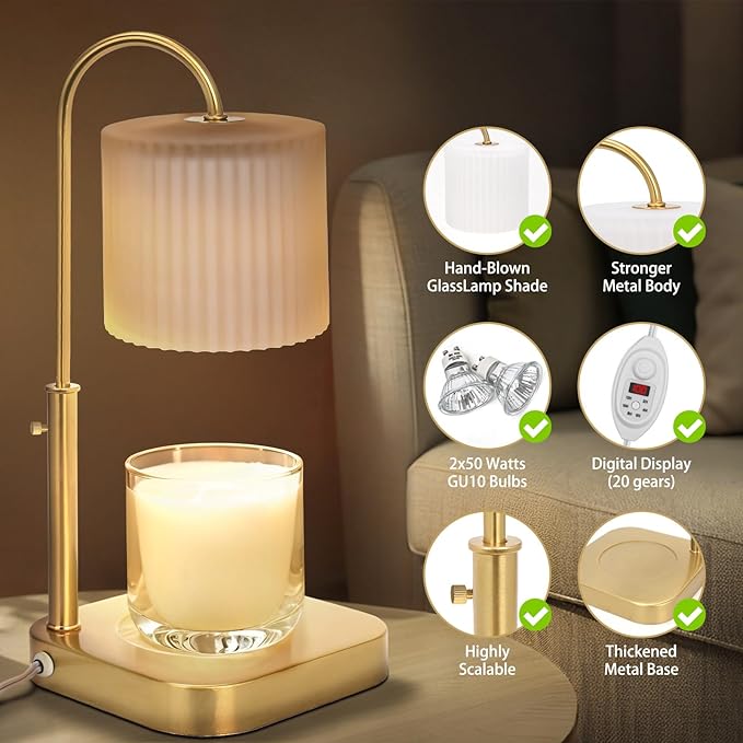 Gold Candle Warmer Lamp with Timer,Mothers Day Gifts for Mom,House Warming Gifts New Home Decor,20 Gears Rotary Dimming with 2 Bulbs