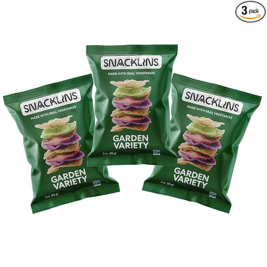 SNACKLINS Plant Based Crisps - Garden Variety - Vegan Healthy Snacks - Gluten Free, Grain Free, Plant Based Crisps, 100% Kosher For Passover, Low Calorie - No Added Sugar, Crunchy, Puffed Snack - 3oz Bag (Case of 3)