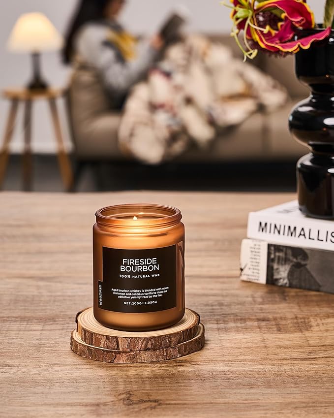 M&SENSE Fireside Bourbon Clean Non-Toxic Soy Wax Campfire Smoky Candle, Cotton Fall Scented Candle for Home Decor, 7.05oz Up to 50 Hours Burn Time Aromatherapy Gift for Bathroom