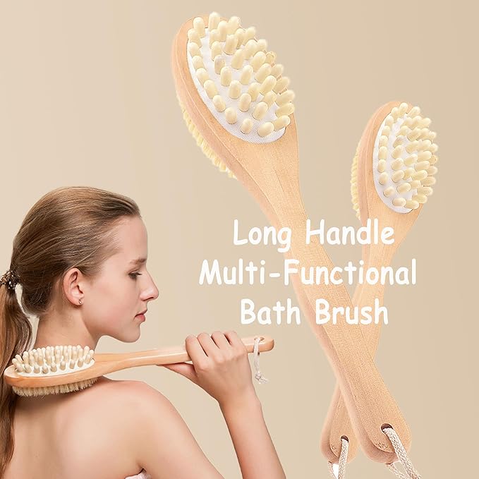 BoAn Dry Brushing Body Brush with Long Handle and Dual Sided,Dry Body Brush for Cellulite and Lymphatic,Bath Brush for Shower Back Scrubber and Cellulite Massager