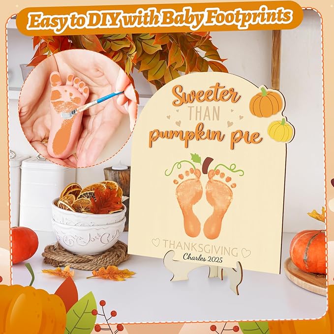 Sereliy Baby's First Thanksgiving DIY Footprint Art Card, Wooden Thanksgiving Baby Sign Keepsake Ornaments for Baby Shower Newborn Photoshoot Prop(Pumpkin)
