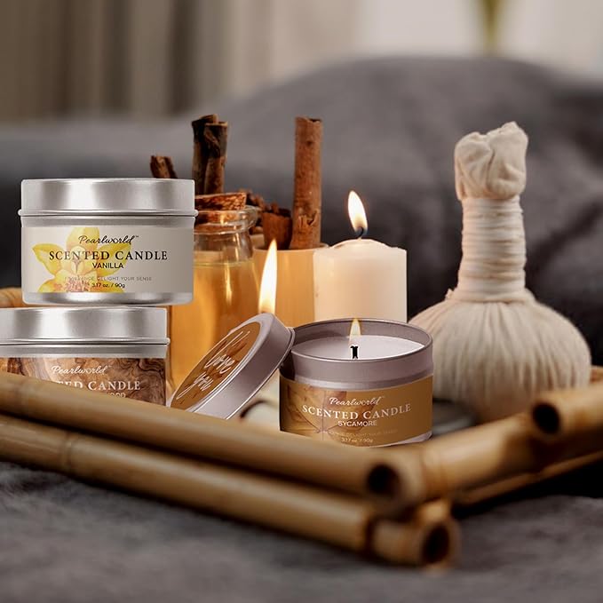 Scented Candles for Women, 4 Pack Candle Set Gifts for Women - Sycamore, Vanilla, Tea Tree, Amber Amber & Sandalwood Scented, Gift Sets for Mom