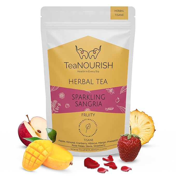TeaNOURISH Sparkling Sangria | CAFFEINE-FREE Herbal Tea | Refreshing and Fruity | 100% Natural Apple, Strawberry, Mango, Pineapple, Hibiscus | Brew Hot or Iced Tea - 3.53oz/100g