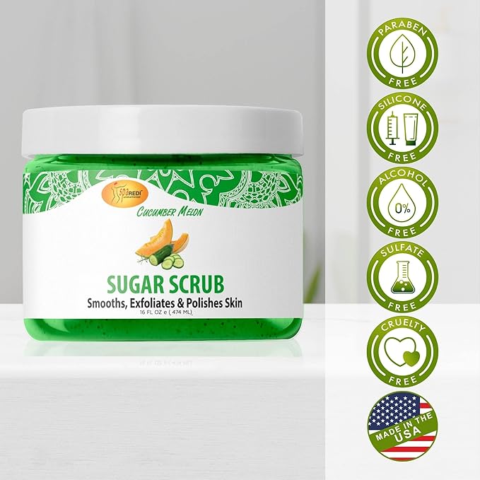 SPA REDI – Sugar Body Scrub, Cucumber Melon, 16 Oz, Exfoliating, Moisturizing, Hydrating and Nourishing, Glow, Polish, Smooth and Fresh Skin - Body Exfoliator