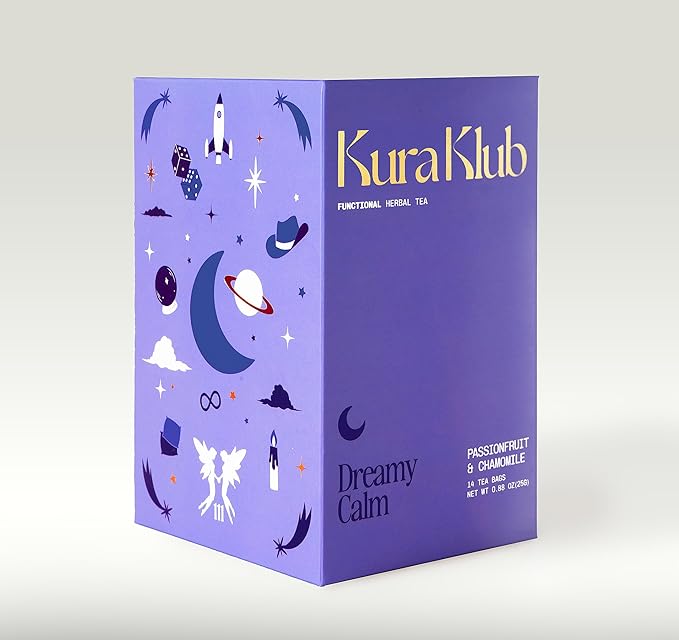Kura Klub Nighttime Sleep & Relaxation Tea — Chamomile & Passion Fruit Herbal Blend for Stress-Free Evenings, Beauty & Digestion Support — Caffeine-Free, No Microplastics — 14 Biodegradable Teabags