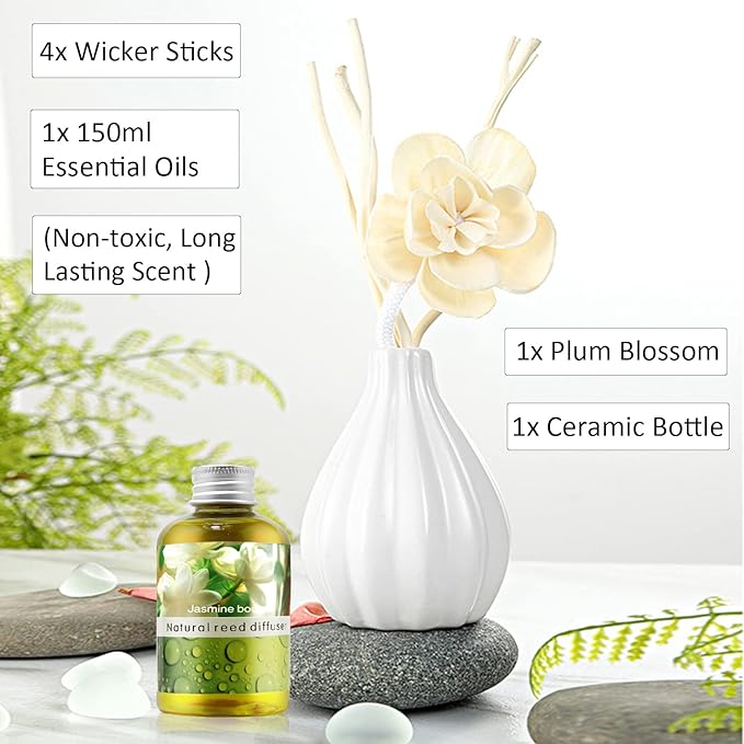Reed Diffuser Set, Home Fragrance & Decorative Diffuser, Dried Flower Aromatherapy Oil Set, Oil Diffuser Sticks, Ceramic Bottle 5.07 oz(150ml) /1 Pack (JasmineBouquet)