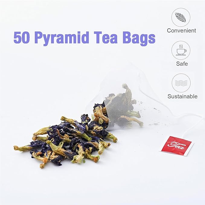 50 Dried Blue Butterfly Pea Flower Tea Bags | Thai Herbal Tea | Blue Purple Pea Tea | Caffeine-Free, Gluten-Free, Non-GMO | Ideal for Cooking, Iced Tea, Coolers, Cocktails and Mocktails