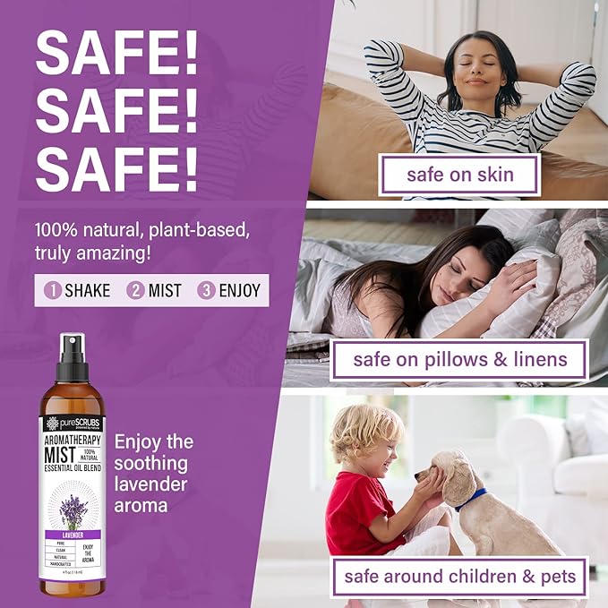 Shake, Mist & Enjoy - pureSCRUBS Premium Lavender Aromatherapy Spray Mist for Room, Body, Linens, Pillows 100% Natural Essential Oils Plant Based Formula, One 4oz Bottle