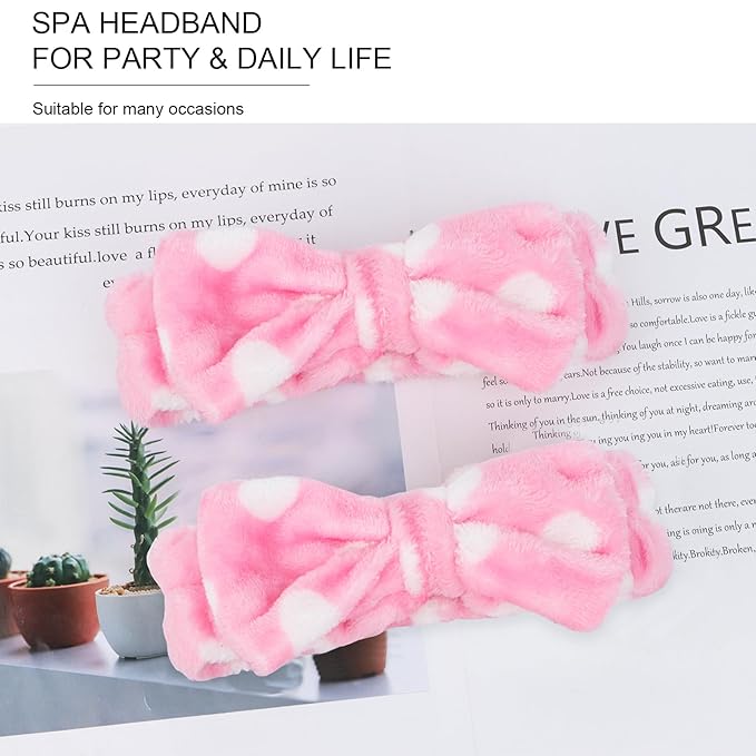 CIEHER 8 Pcs Spa Headbands for Women & Girls - Pink Dot Spa Headbands for Bachelorette Party, Sleep Party, Skincare, Makeup & Face Wash Use