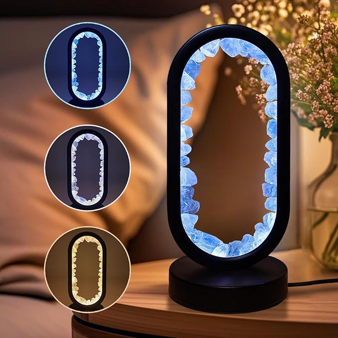 Crystal Night Light,3 Colors Ambient Lighting USB Dimming Healing Crystal Table Lamp,Natural Energy Crystal Decor for Bedroom Home Dating Gift (Blue, Ellipse)