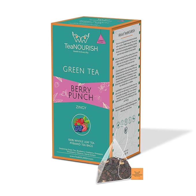 TeaNOURISH Berry Punch Green Tea | 20 Count Pyramid Tea Bags | Zingy & Refreshing | Darjeeling Whole Leaves | 100% Natural Fresh Berries & Hibiscus Flower