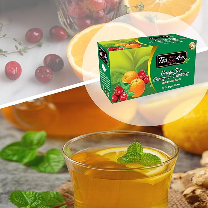 Tea4U Orange & Cranberry Flavor Green Tea - Hand Picked Leaves from Sri Lanka - Rich in Antioxidants - Smooth & Hydrating - Convenient Packaging of 25 Tea Bags